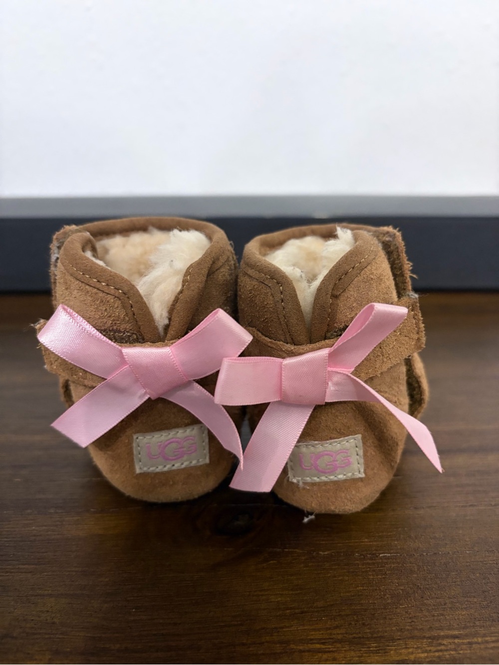 UGG Brown Kids Suede Booties with Pink Accents